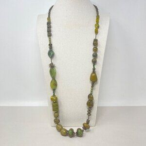Treska Beaded Long Necklace Green Stone Porcelain‎ Glass Boho Chunky Signed